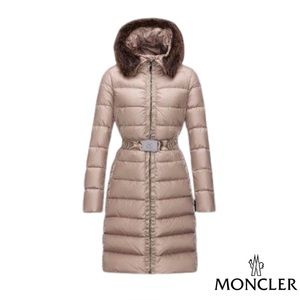 MONCLER taupe belted puffer coat